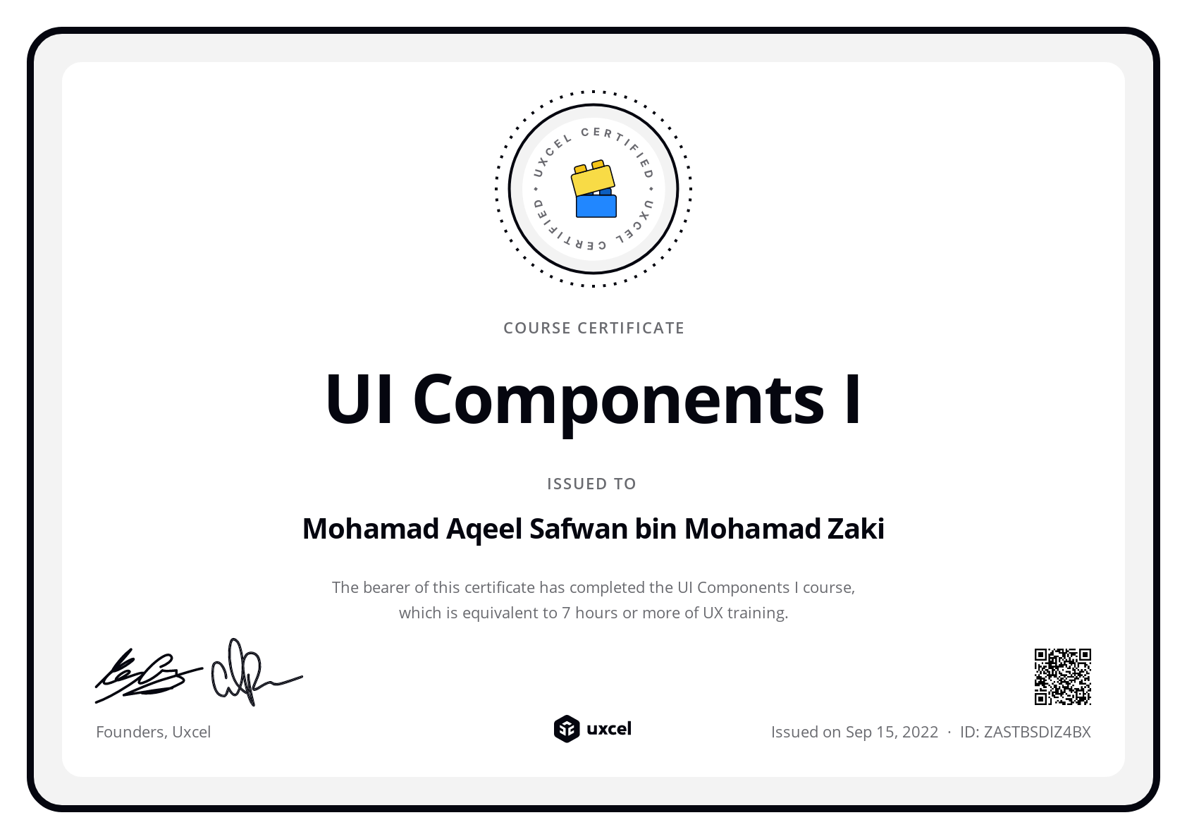 Mohamad Aqeel Safwan bin Mohamad Zaki's certificate